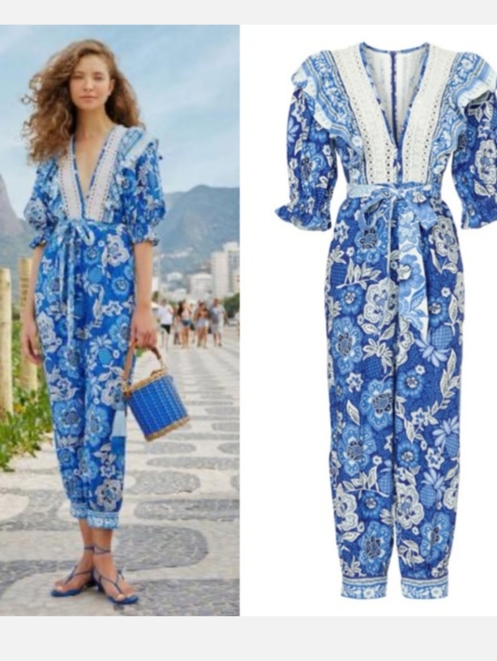 FARM Rio Blue Full Of Flowers Linen Jumpsuit Size XS